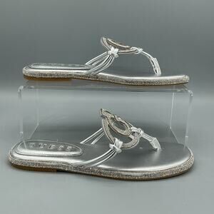 NEW Guess Women’s Saima G Cutout Rhinestone Flat Sandals Silver Size 7M